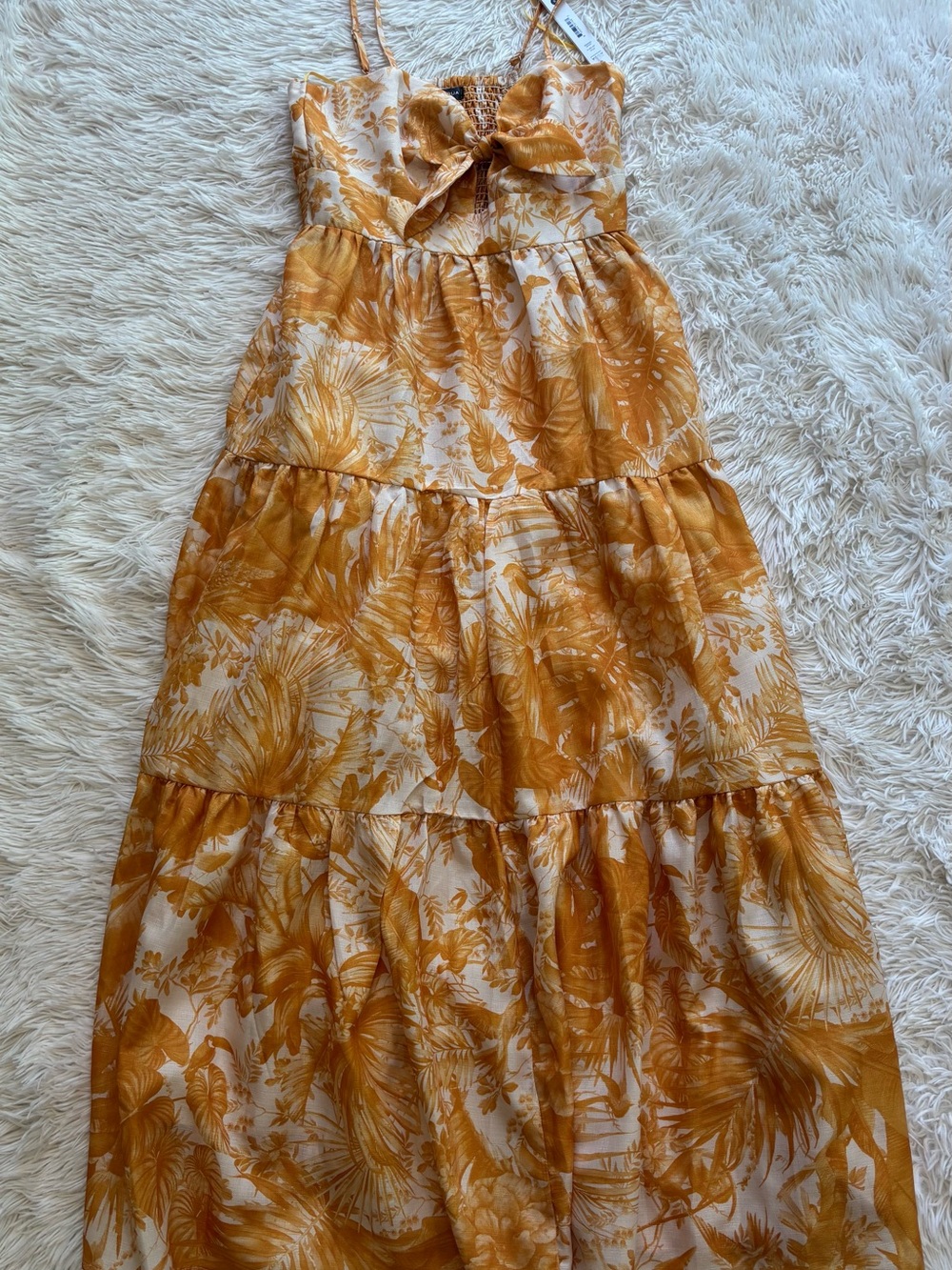 Aqua  Tropical print Midi Yellow Floral Tie-Front Dress